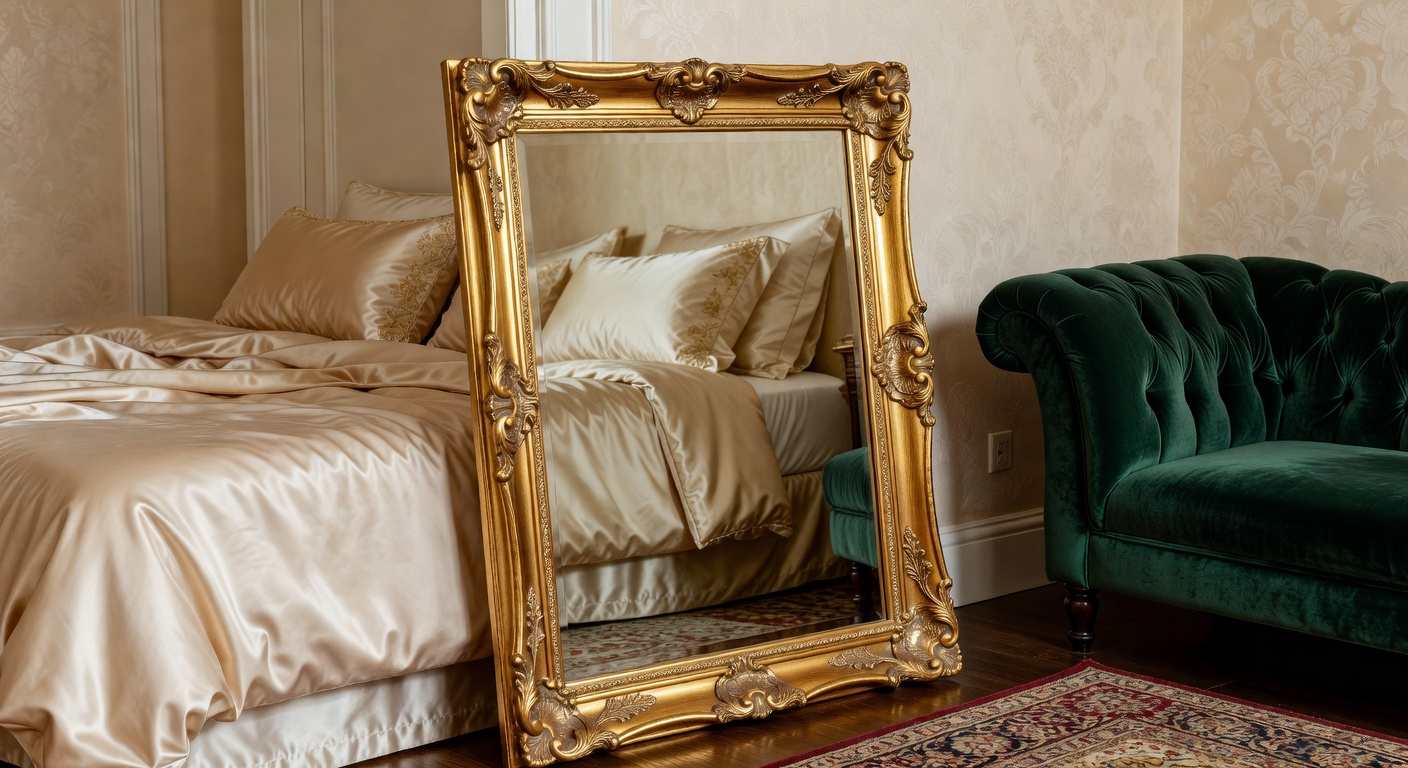 Espejo de pie dorado en habitación elegante